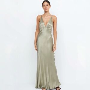 BEC + BRIDGE Moon Dance V-Neck Satin Slip Dress in Sage